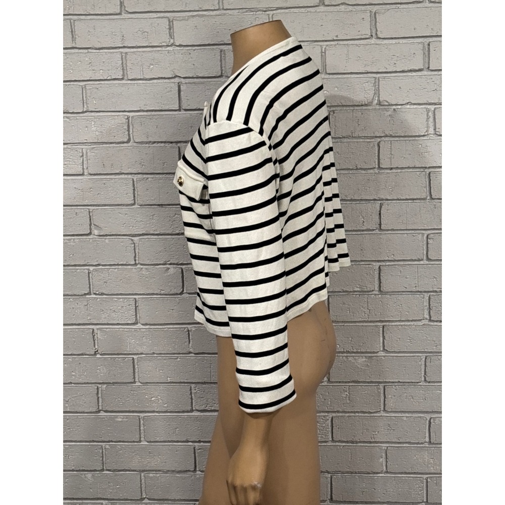 LOFT Women's Striped Knit Cardigan Gold Button Front Black White Size L - Picture 2 of 7